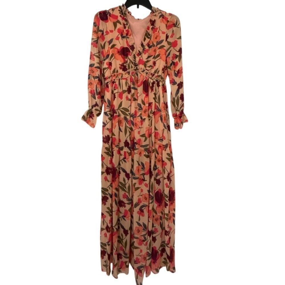 Peachy Pink Floral Empire Waist Ruffle Tiered Maxi Dress Boho Cottagecore Small - Picture 3 of 16